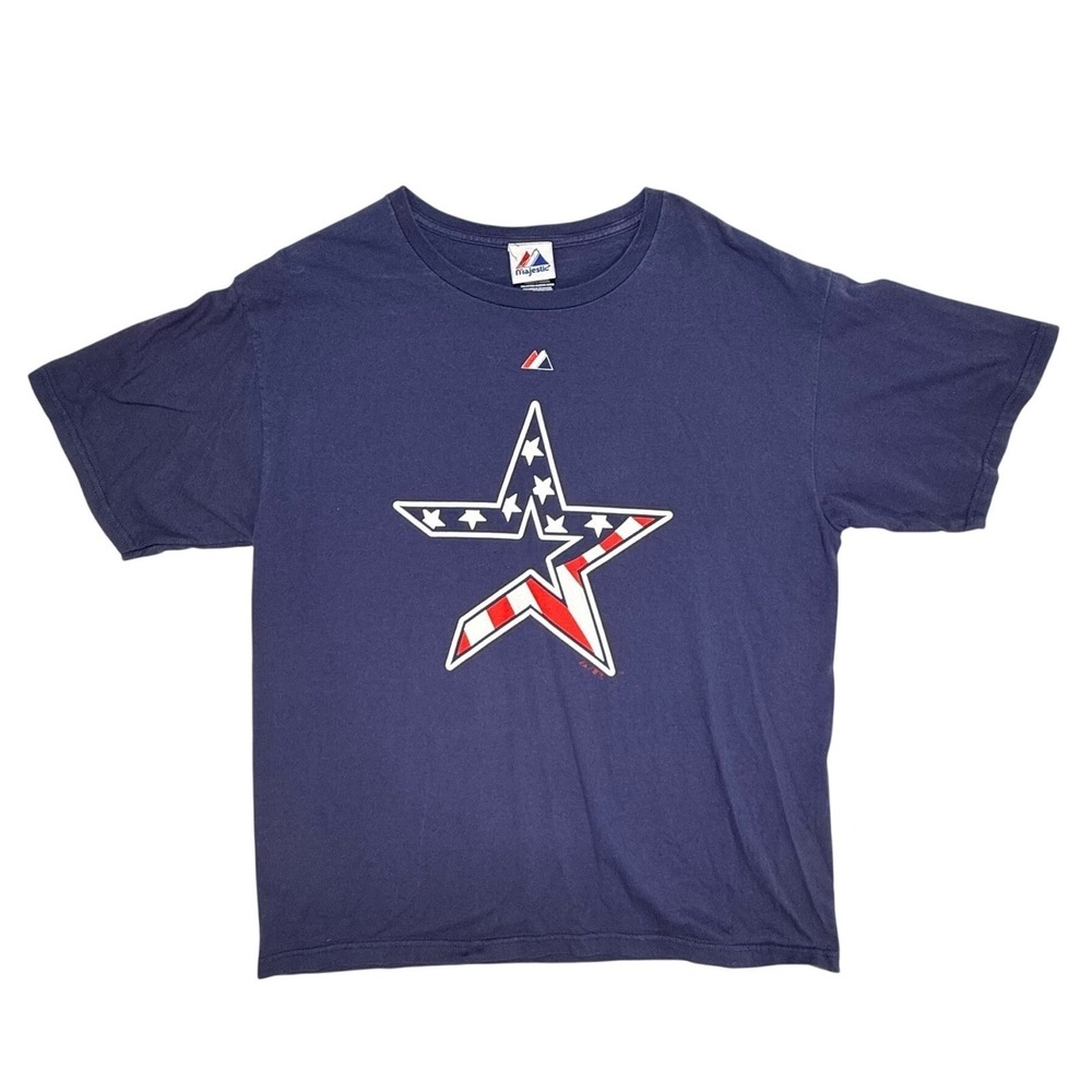Majestic Houston Astros T Shirt Mens Large Blue‎ American Flag Star Logo Cotton